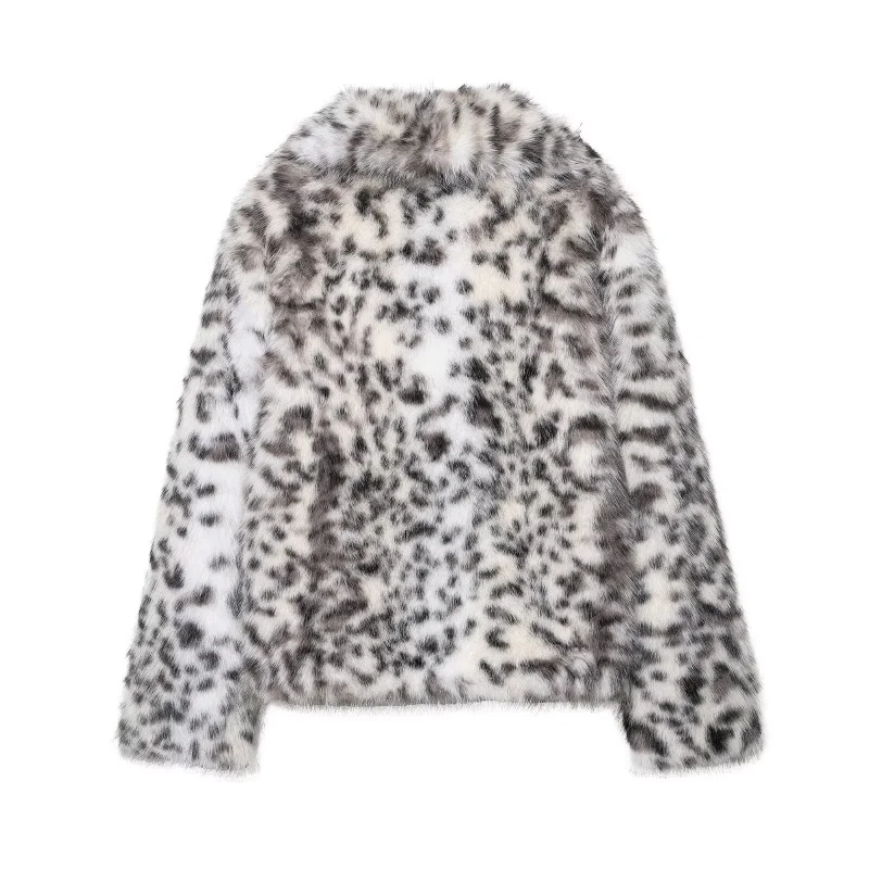 Autumn Winter Turn-down Collar Long Sleeve Faux Fur Effect Jacket Coat Women Animal Printed Loose Warmth Female Elegant Wear