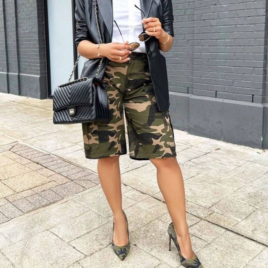 Shorts Pant Women Camouflage Short Pants High Waist Straight Trousers Y2k Streetwear Casual Elegant Splice Work Summer 2025