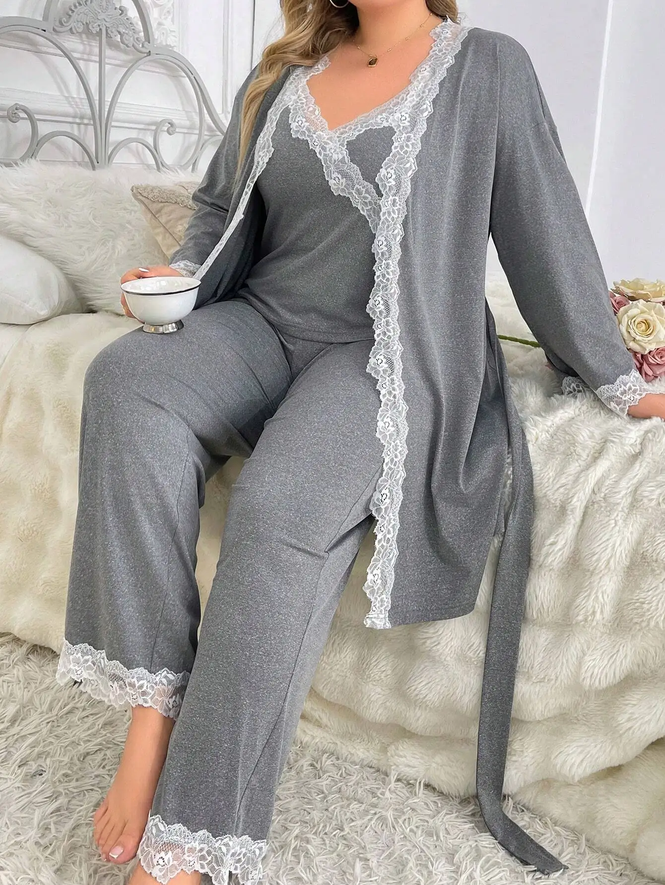 

3-Piece Plus Size Gray Lace Trim Sleepwear Set: Robe, Camisole & Pants
