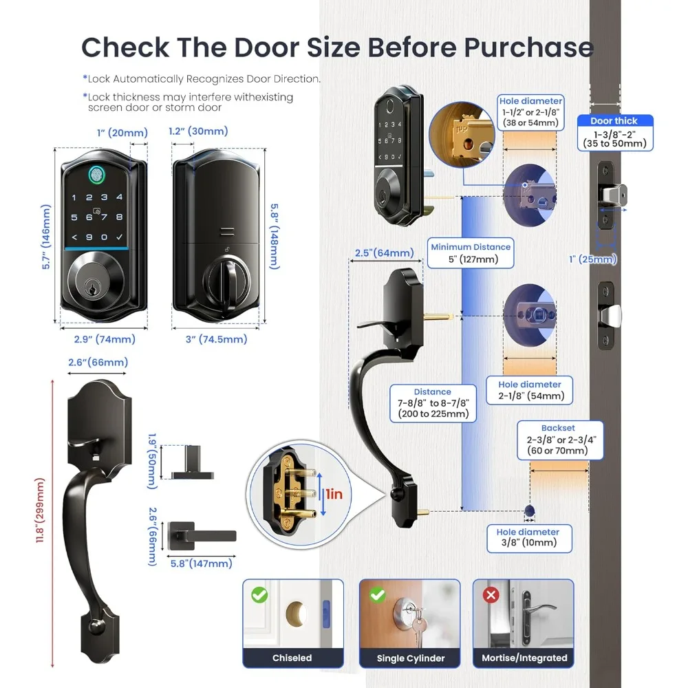 Okucia do drzwi i zamki/Zestaw inteligentnego zamka do drzwi wejściowych z czytnikiem linii papilarnych, sterowanie przez aplikację, zamka zatrzaskowego bezkluczykowego z dostępem, inteligentny zamek zatrzaskowy