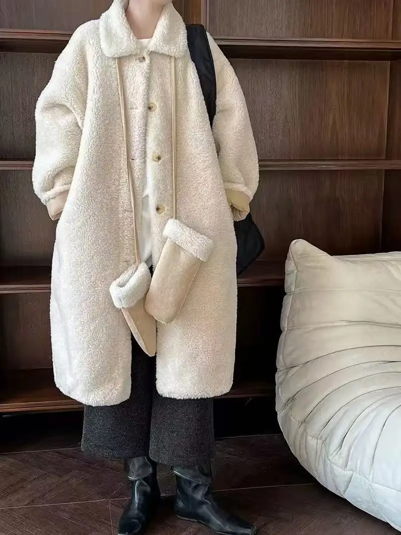 

LZoo Korean Sle Soft Loose Lapel Mid-Length Lamb Fur Coat with Gloves Women's Daily Wear Warmth Simulation Fur Long Sve