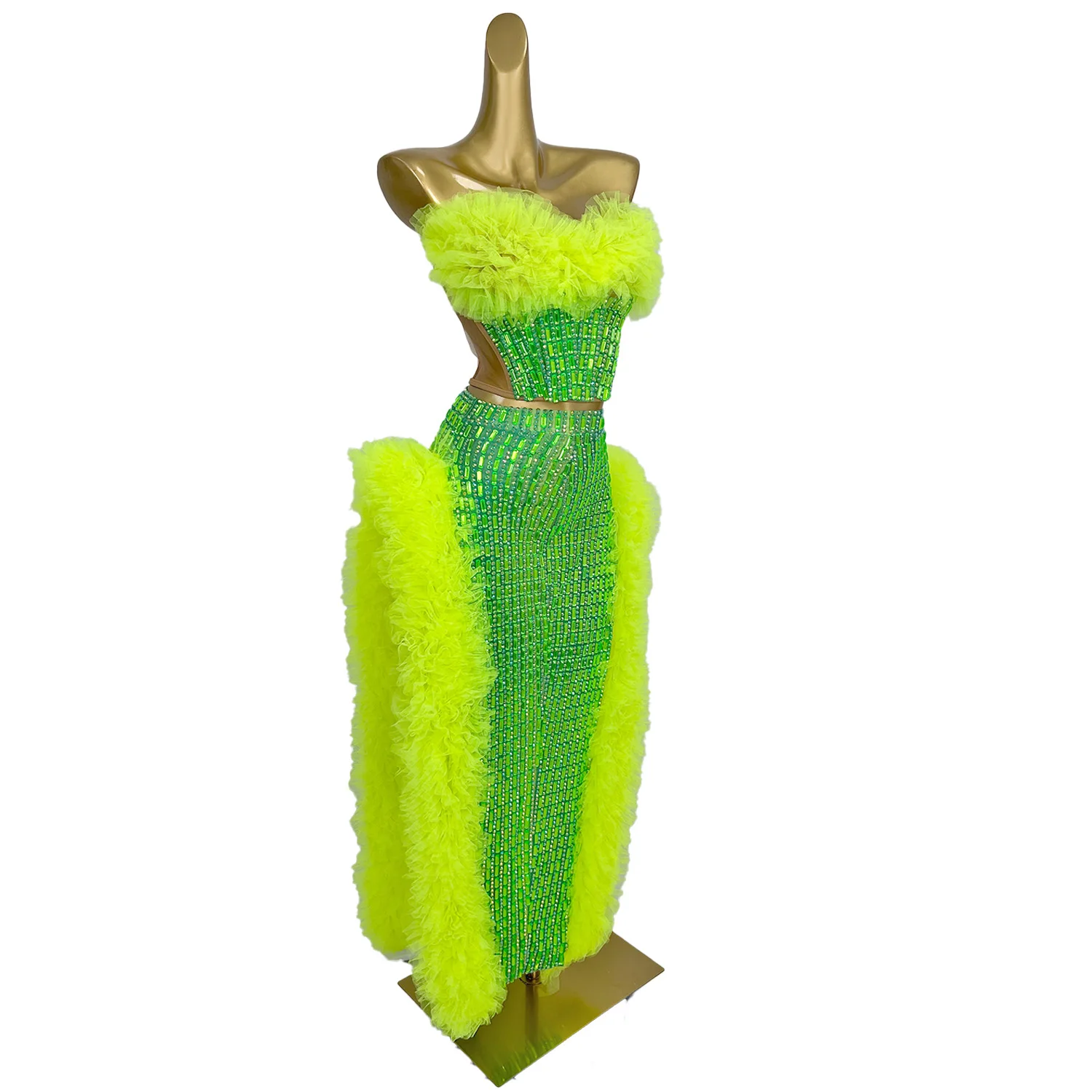 Women Strapless Sparkly Crystals Gauze Crop Tops Long Skirt 2Pieces Set Party High Side Slits Dress Nightclub Sexy Outfit Guiren