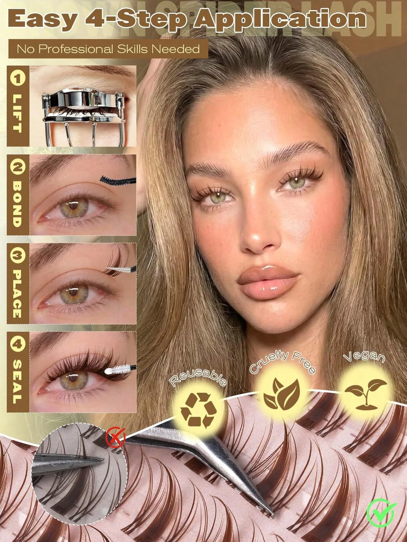 WINKLURE Braune Wispy Lash Clusters, gemischte Länge, C-Curl, flauschige Wimpernverlängerungen mit transparentem Stiel, natürlich aussehend, individuell anpassbar. – Detail 9