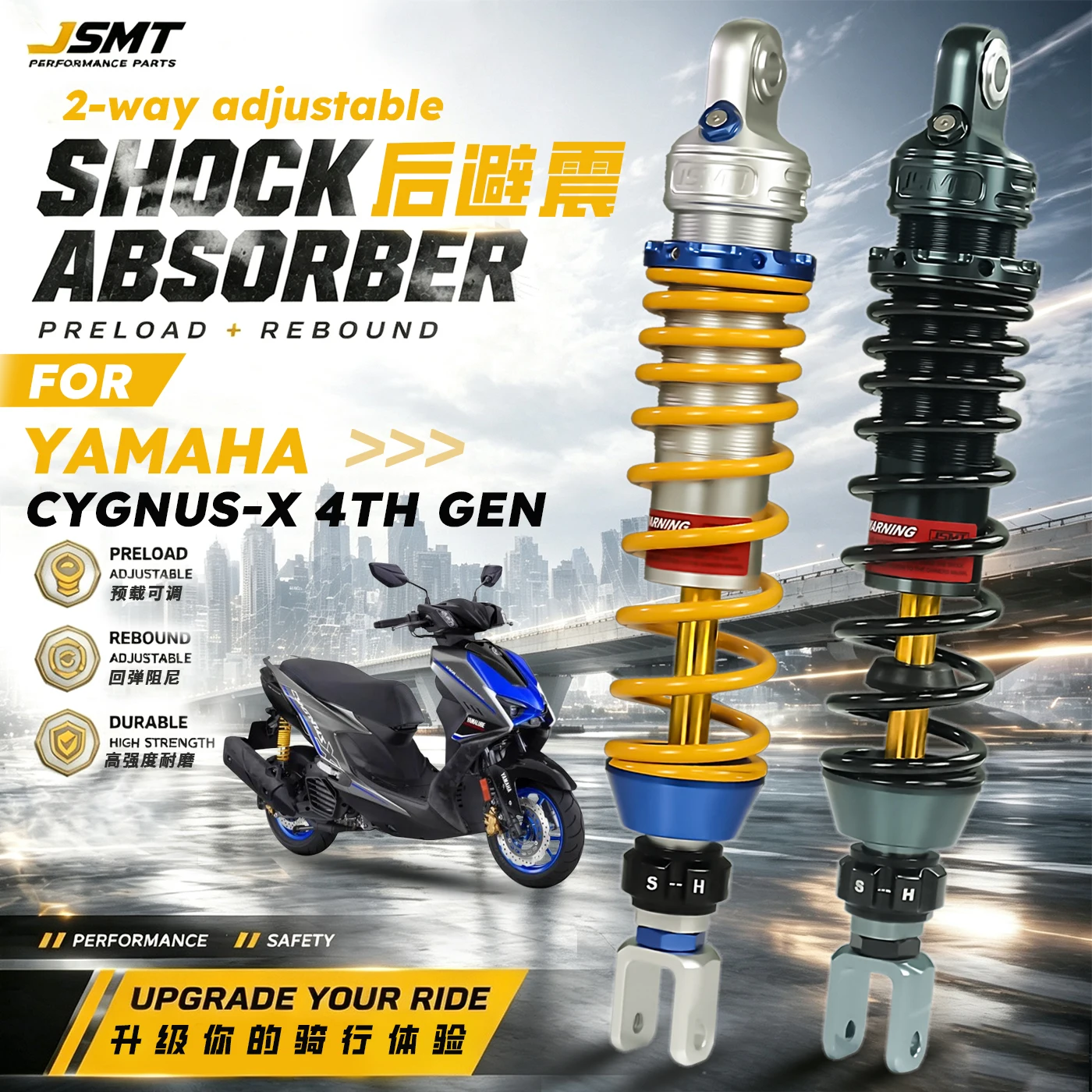 JSMT FOR YAMAHA Cygnus-X 4th Gen 5th Gen 6th Gen Adjustable Preload Rebound Rear Shock Absorber Motorcycle Suspension