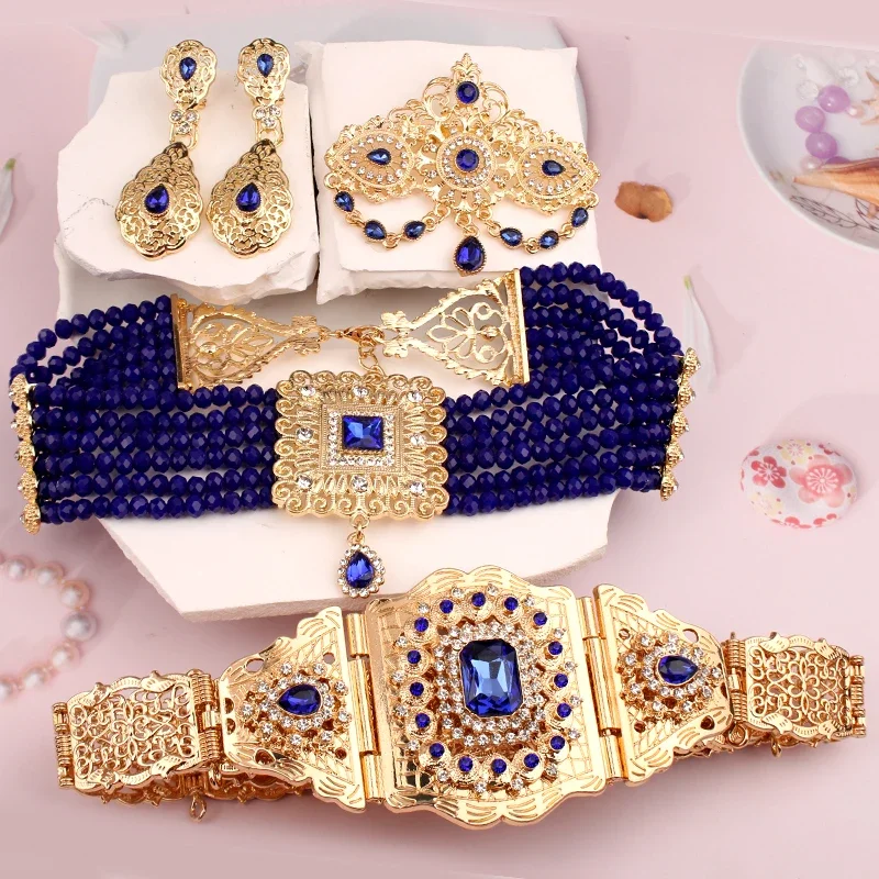 Royal Bule Stone Bridal Jewelry Set Gold Plated Moroccan Caftan Wedding Jewelry Handmade Ethnic Women Accessory Mother Gift