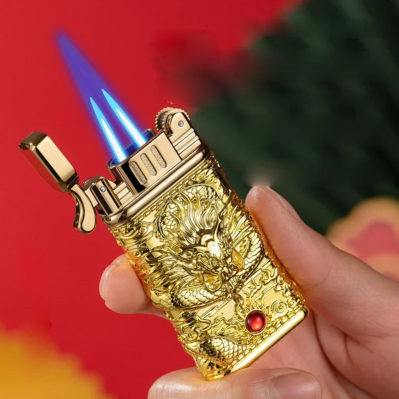 

Metal Carving Dragon Grinding Wheel Butane Gas Lighter Dual Blue Flame Straight Outdoor Windproof Turbo Jet Cigar Lighter Gift