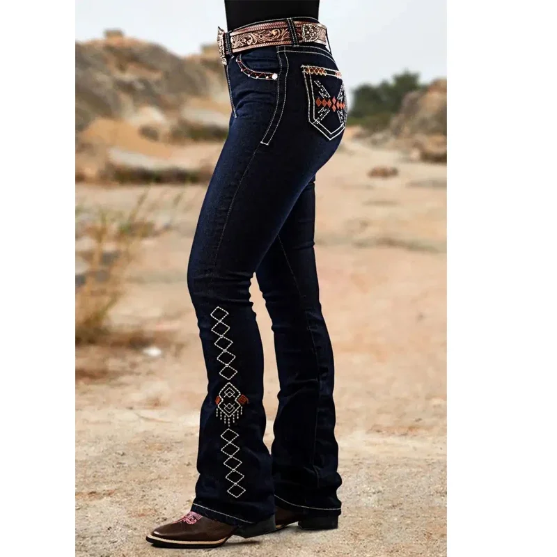 

【Встрепанные джинсы Y2K】Южинсы из эластичного расклешенного денима с высокой посадкой, элегантная ретро-вышивка стразами для повседневного использования или нарядных мероприятий