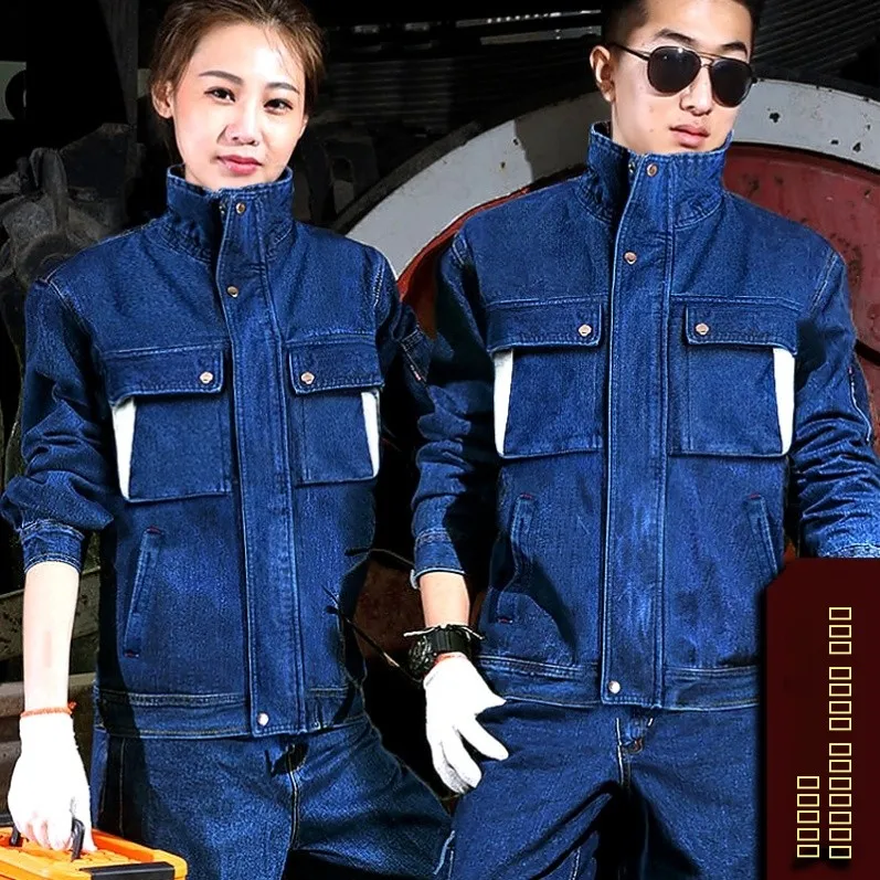 طقم عمل رجالي من القطن الخالص للربيع والخريف، مقاوم للاهتراء، ياقة واقفة، دينيم، مضاد للحروق، للعمال المحترفين.