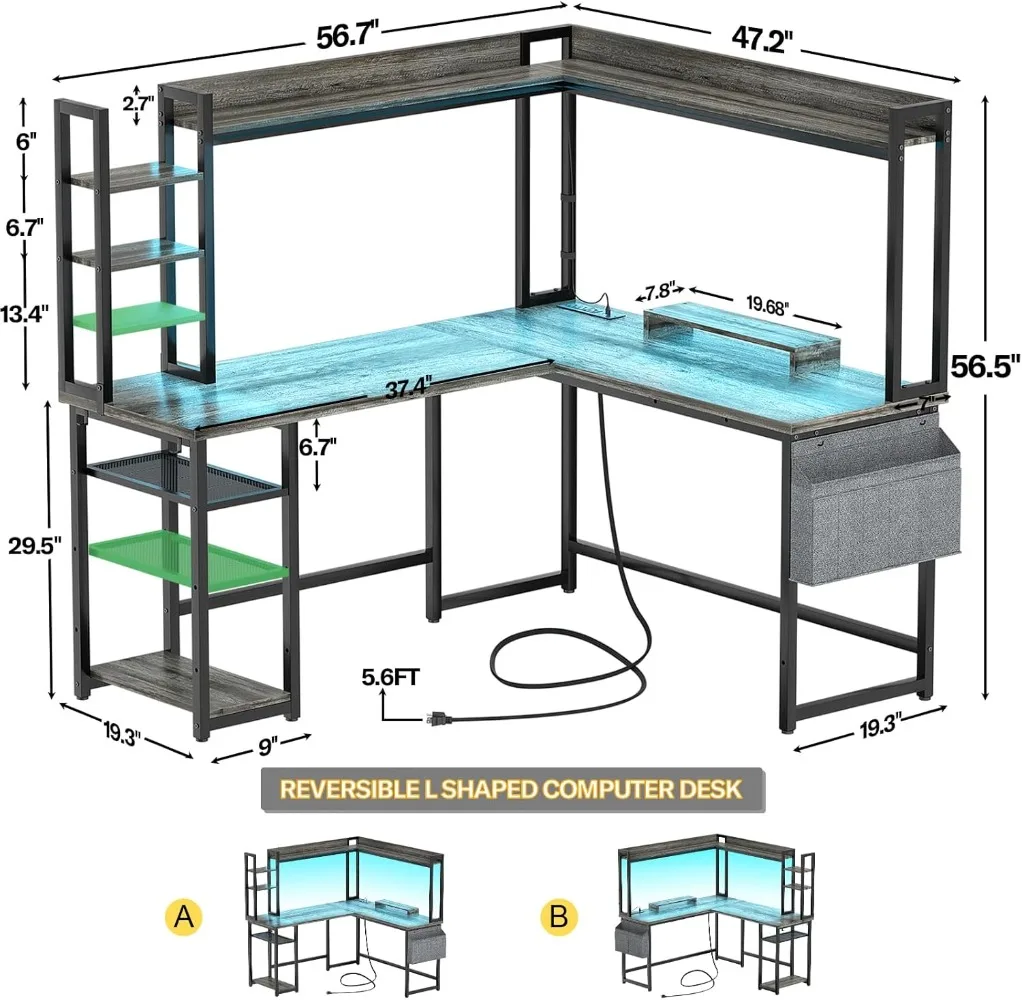 Scrivania Aheaplus a forma di L con presa di corrente, scrivania da gioco a forma di L con luce LED e gabbia, scrivania reversibile per ufficio domestico, ad angolo