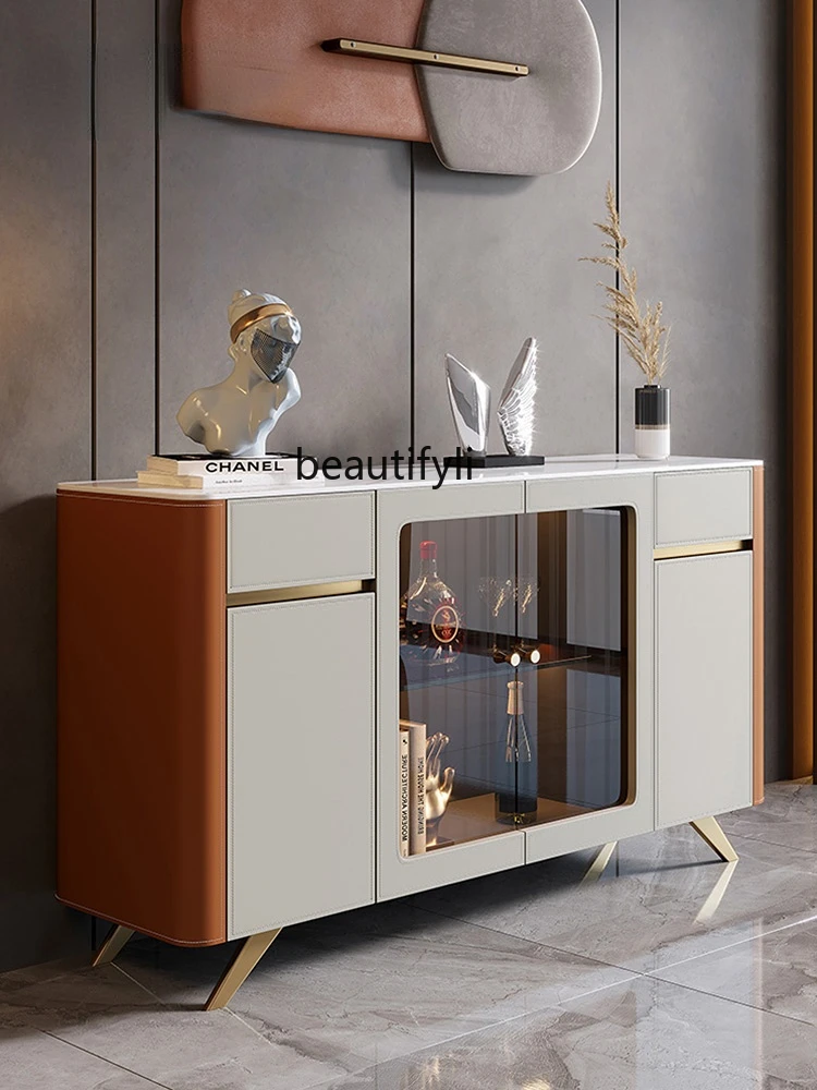 

zqItalian-Style Light Luxury Saddle Leather Dining Side Locker Home Entrance Cabinet Stone Plate Tea Cabinet