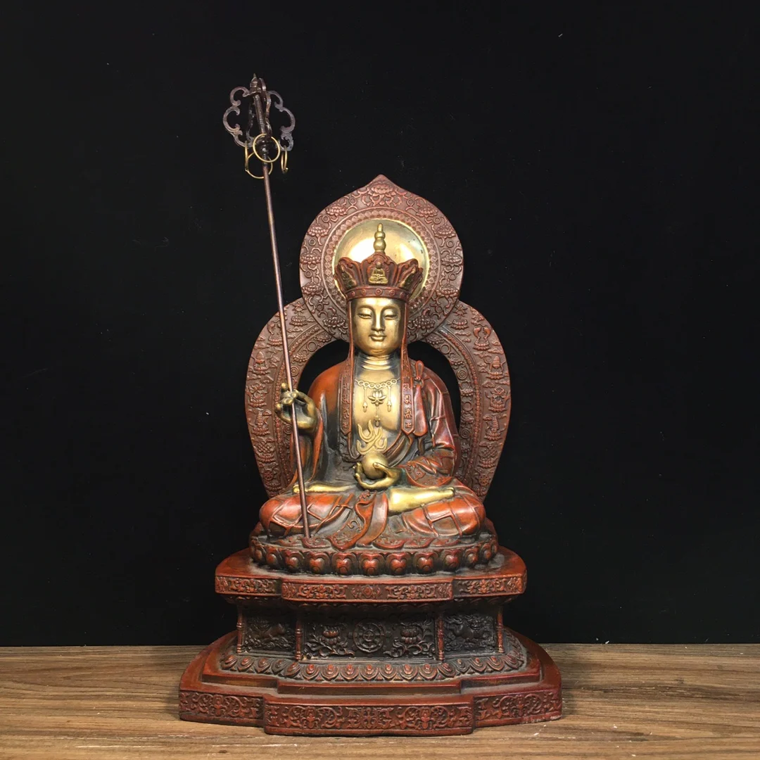 

11"Tibetan Temple Collection Old Bronze Gilded real gold Ksitigarbha Bodhisattva Sitting Buddha Backlight Worship Hall