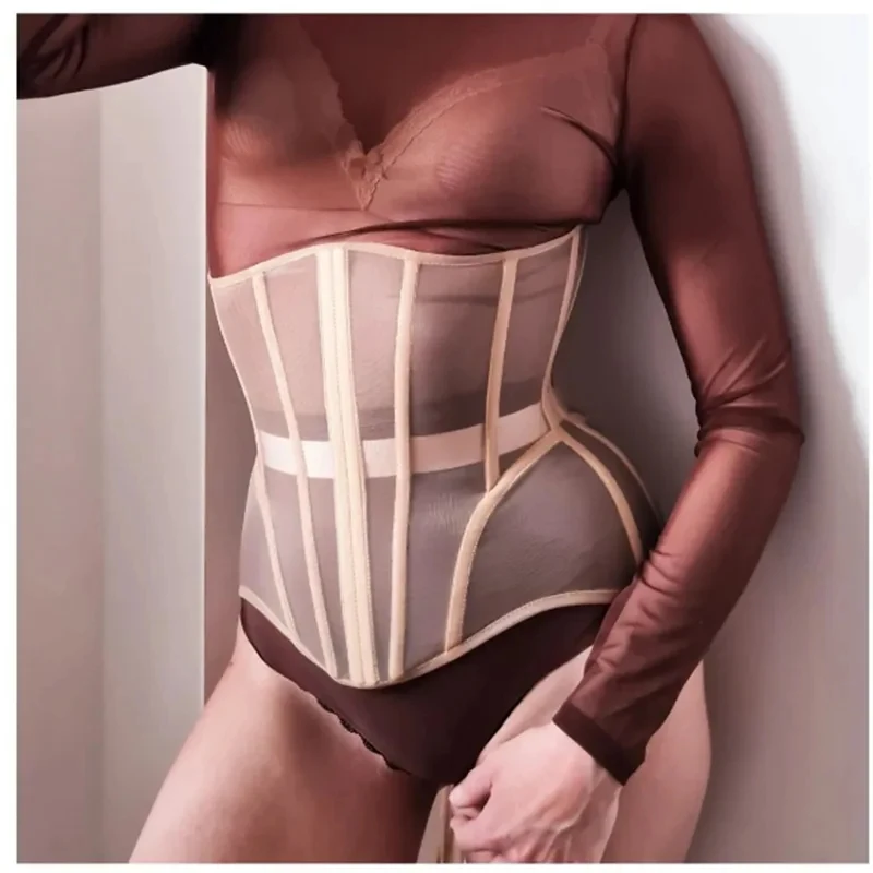 Women Abdomen Tight Corset Crops Under Bust Bustiers Breathable Mesh Waist Girdle With Bones Slimming Lace Up Bodices view 2