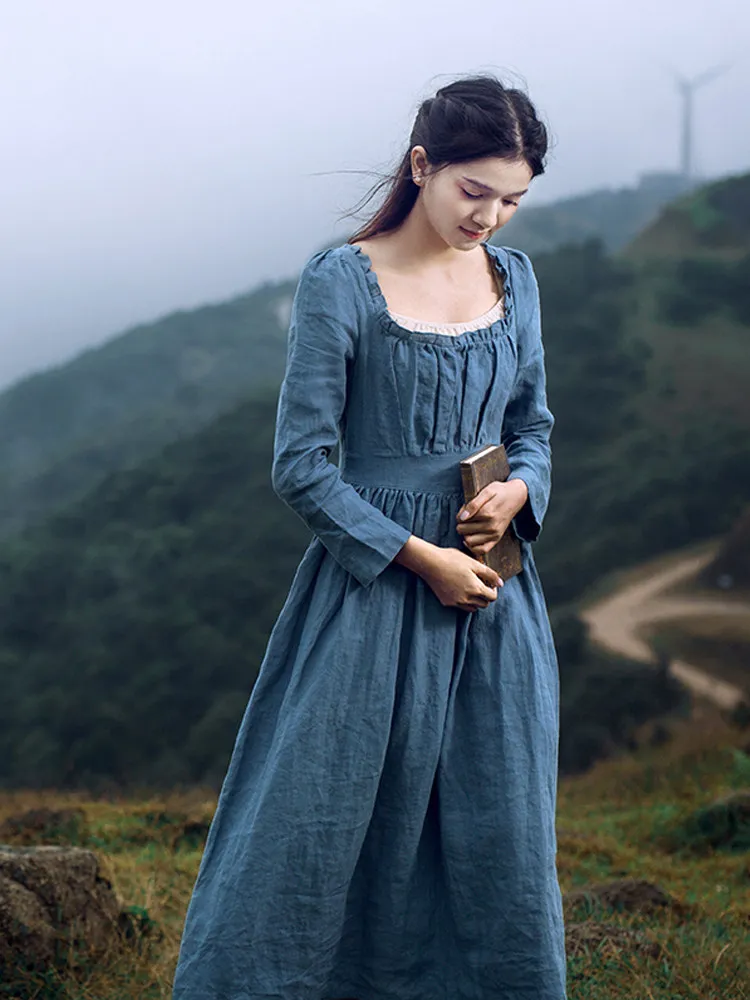 TIYIHAILEY Spring Autumn Linen Women Blue Dress Full Sleeve Long Mid-Calf Ladies S-XL Vintage High Waist 2026 Square Collar