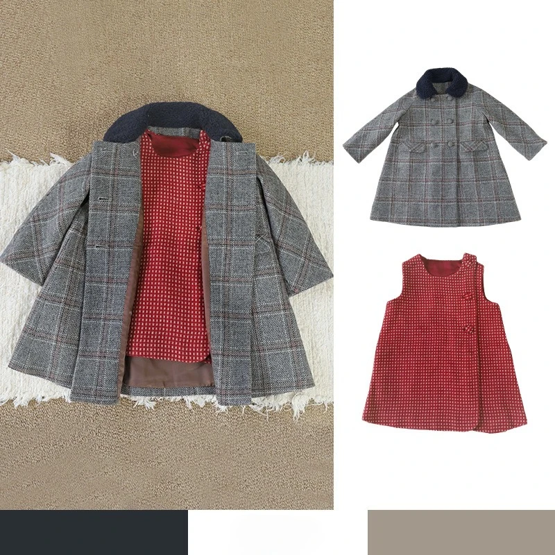 

Children's Set Winter Girls' Elegant Woolen Vest Dress with Cotton and Wool Long Coat Kid Warm Coat