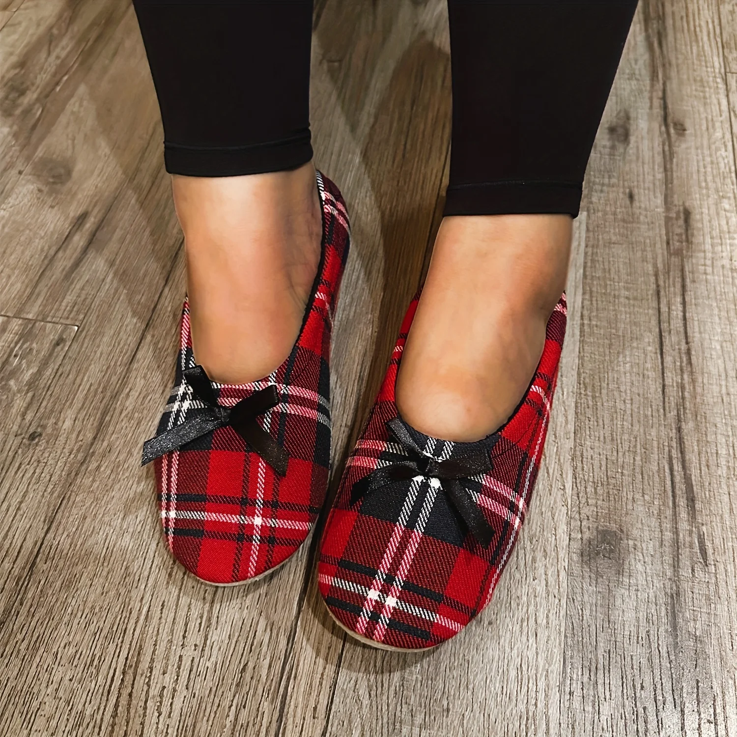 Women's Casual Red Plaid Ballet Flats, Soft Sole Black Bowknot Decor Flats, Lightweight Shallow Mouth Comfort Indoor Ballerina H