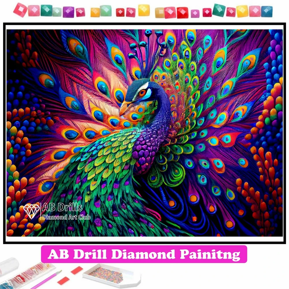 

Beautiful Peacock 5D DIY AB Diamond Painting Mosaic Fantasy Animal Cross Stitch Embroidery Handmade Rhinestones Home Decor Gift