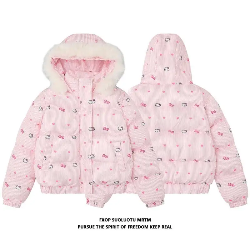 

Зимняя куртка Sanrio Hello Kitty из хлопка, новая коллекция 2026 года, для девочек, с капюшоном, с принтом, теплая, для повседневной носки, праздничный подарок