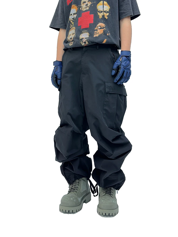 Design Bottom Plate Pleated Profile Tear-Proof Checked Cloth Loose Pockets Tooling Paratrooper Pants Men's Casual Cargo Pants