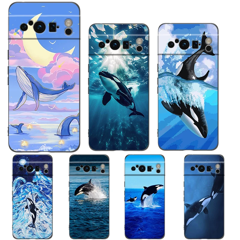 Phone Case For Google Pixel 9 8 8A 7 7A 6 Pro XL 6A 5G Black Soft Shockproof Back Cover TPU Shell Orca ocean lovely killer whale