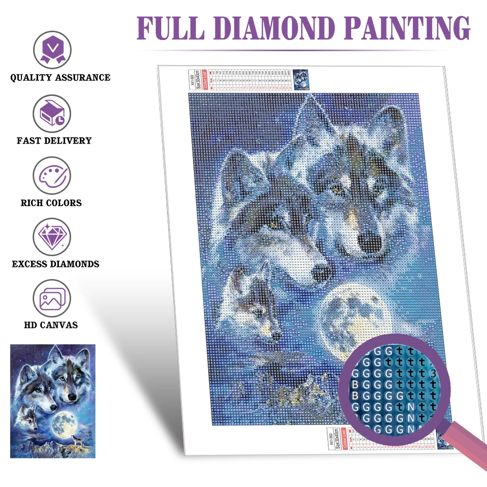 Huacan Diy Diamond Mosaic Animal Wolf Home Rhinestones Decoration Full Square Round Drill Painting Moon Gift Craft Kit
