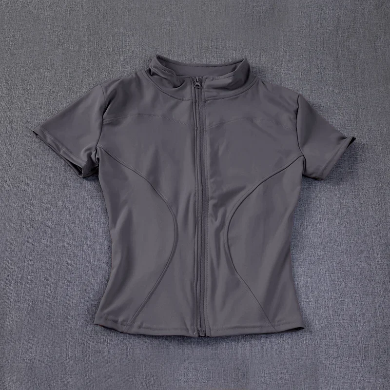 Summer High Quality Waist Slimming Training Tops Women\'s Quick-drying Tight Stand Collar Full Zipper Short Sleeves Yoga shirts