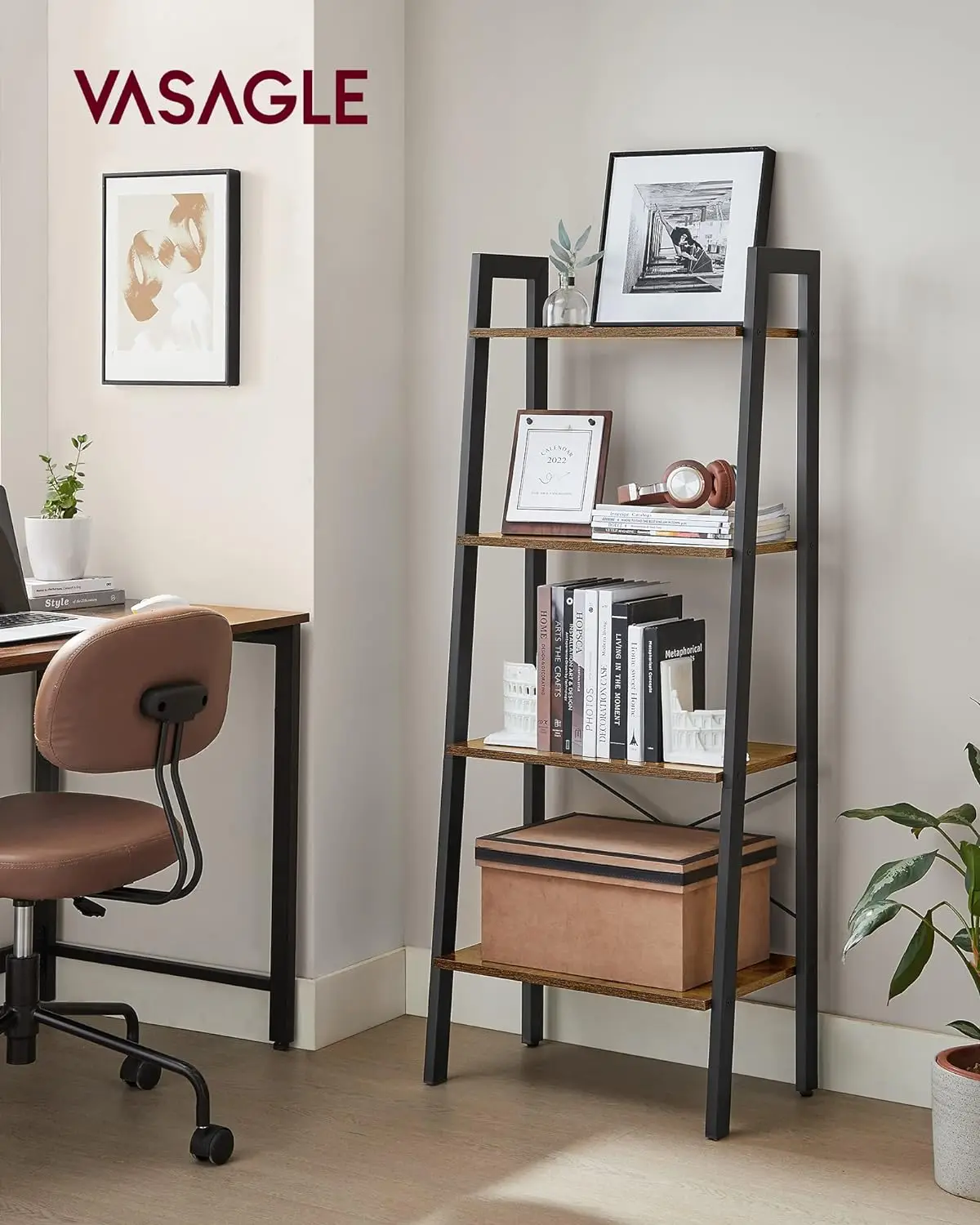 VASAGLE Ladder Shelf, 4-Tier Bookshelf, Storage Rack, Bookcase with Steel Frame, for Living Room, Home Office, Kitchen