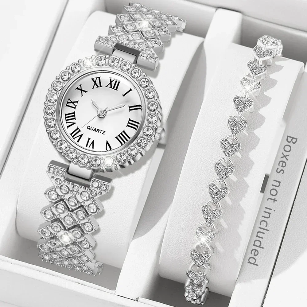 2-piece Ladies' Roman Scale Full Diamond Quartz Watch Heart Bracelet Accessory Set Suitable For Daily Wear