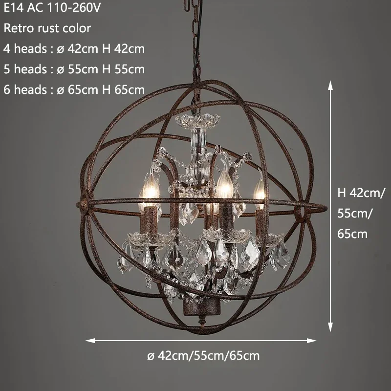 Vintage rust iron cage chandeliers E14 big style crystal lustre LED lamp 4/5/6 Lighting modern for living room bedroom bar