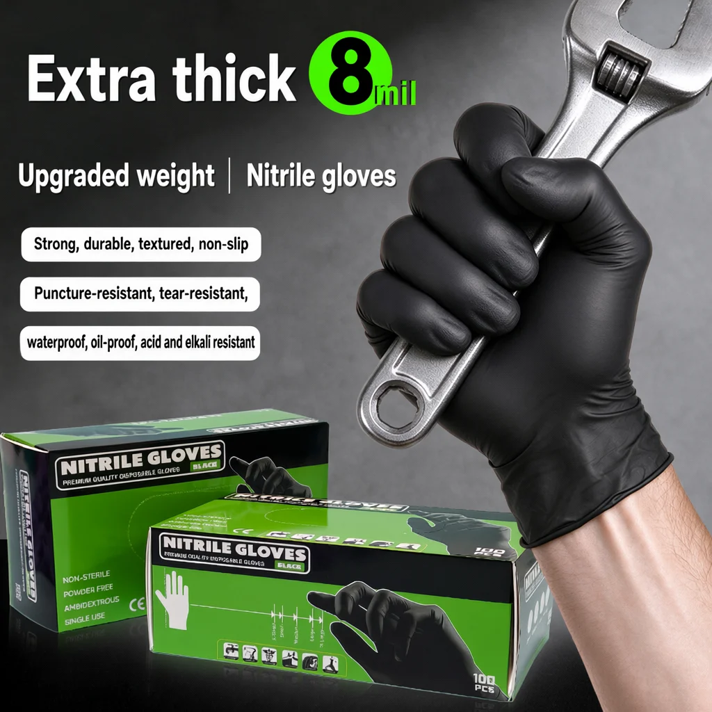 8 Mil Industrial Grade Extra Thick Black Nitrile Gloves Disposable Chemical Abrasion Resistant Safety Work Repair Maintenance