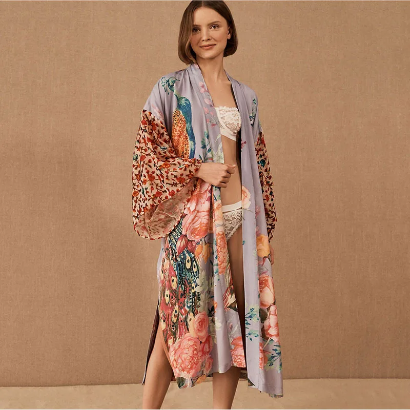 Women Summer Beach Cover Up Flowy Kimono Shirt with Peacock Print Lightweight Open Front Wrap Top for Bikini Outfit Vacation Wea