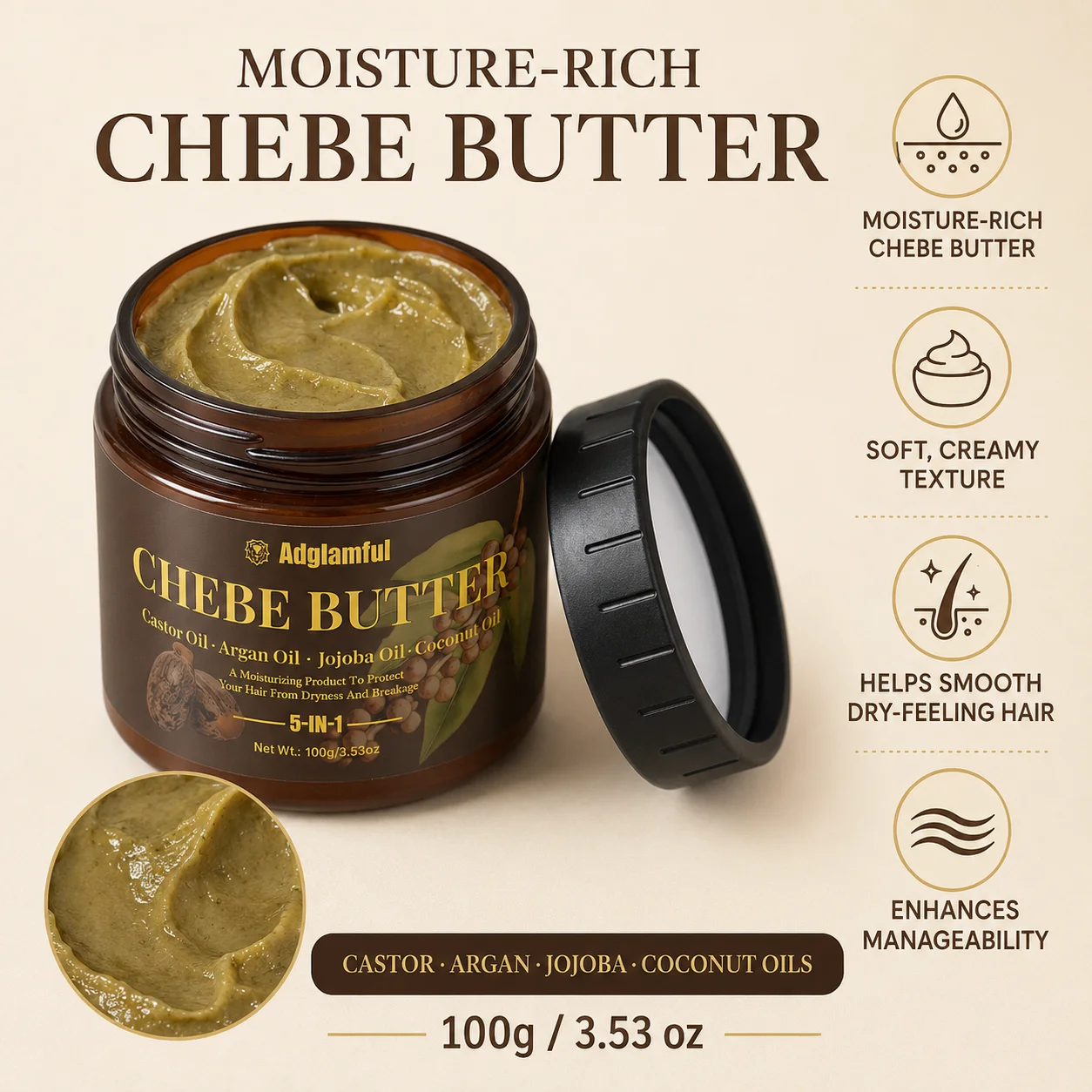 Adglamful Chebe Hair Butter 100g, 5-in-1 Moisturizing Hair Conditioner with Argan, Castor, Jojoba & Coconut Oils for Dry Frizzy