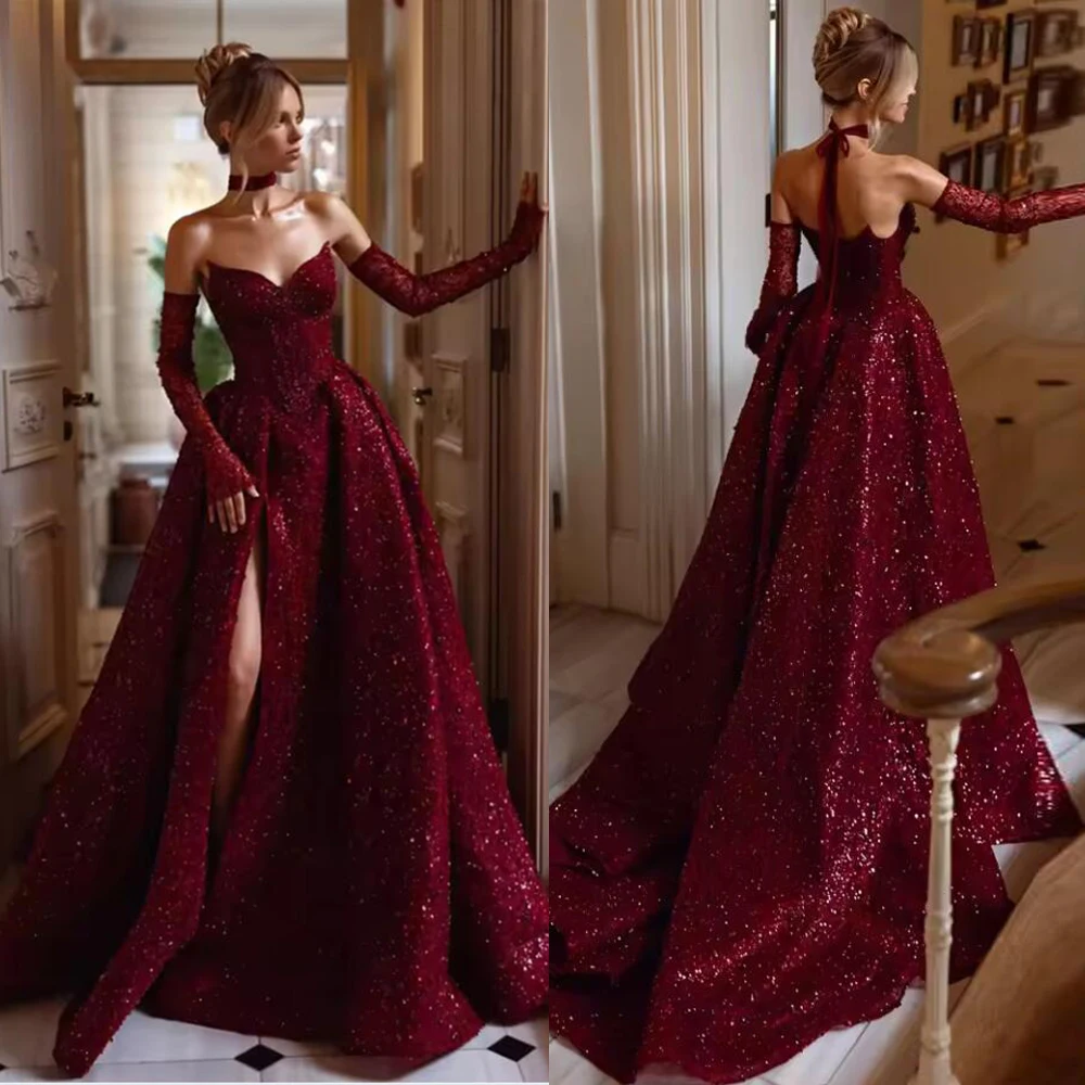 Weinrote Pailletten-Abendkleider für die Braut, rückenfrei, seitlich geteilt, A-Linie, Ballkleider, individuelle formelle Damen-Partykleidung für die Hochzeit