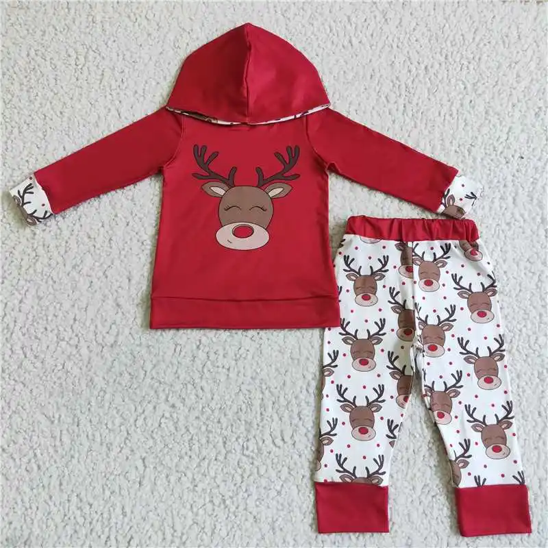 2022 Rts Bulk Supply OEM Children Garment Reindeer Print Kids Boys Red Sets Boys Hoodie Outfits Baby Boys Christmas Clothing