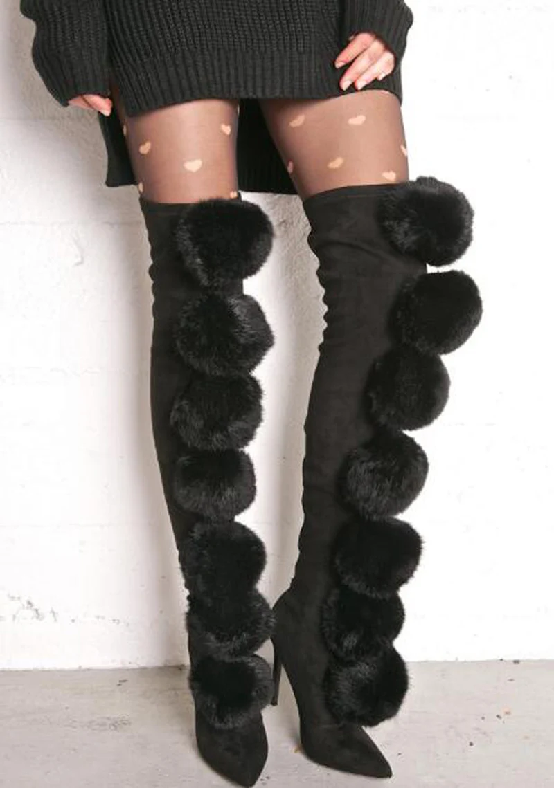 Sweet Pink Furball Botas Women Pom Pom Over The Knee Boots Stretch Suede Boots Sexy Pointy Toe Slip On Ladies High Heel Boots - view 3