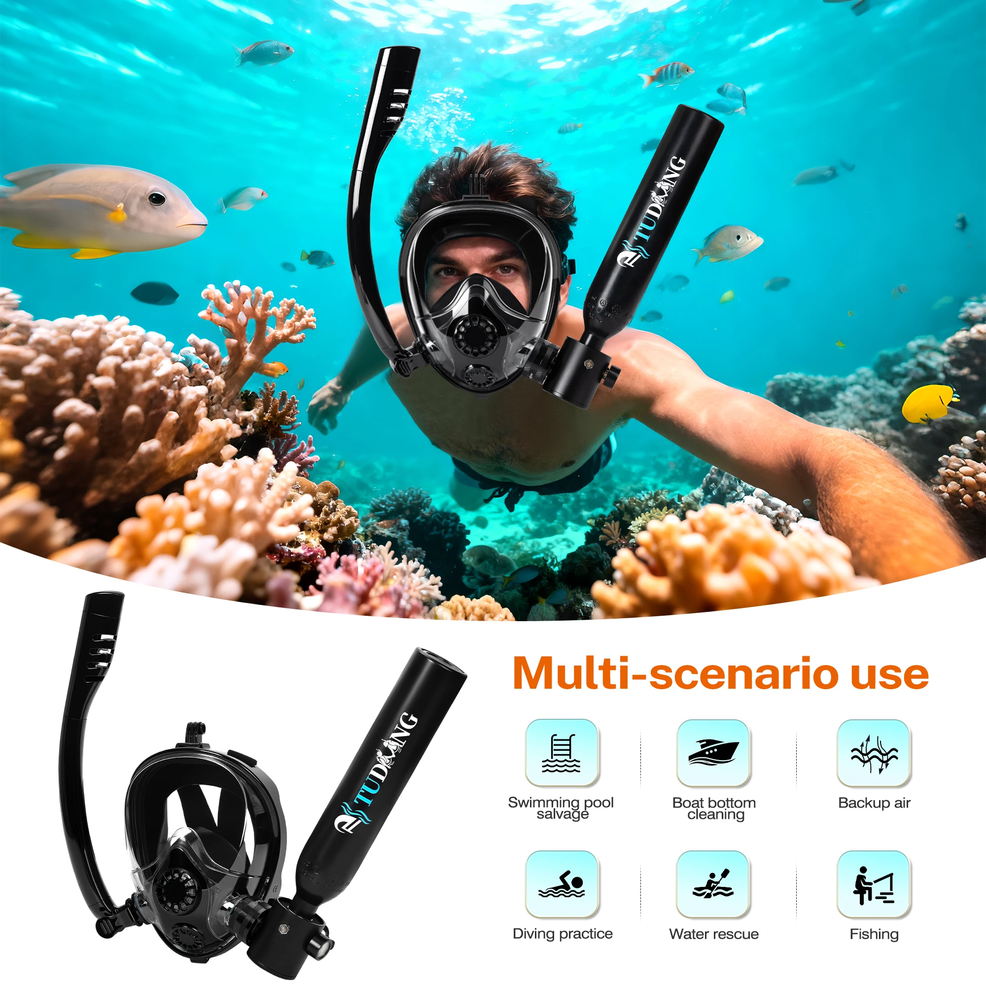 TUDIVING-0.5L Scuba Diving Tank Kit with 300Bar 12V PCP Air Compressor with Diving Mask Portable Scuba Tank Underwater Training