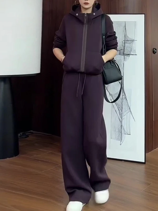

Elegant Purple Casual Sportswear Set Women's Spring Fashion Anti-Aging Jacket Top Wide Leg Pants Two-Piece Set Comfortable