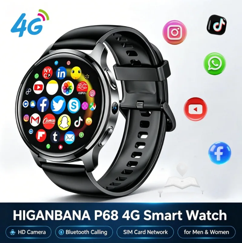 P68 4G Android Smart Watch for Men Women, GPS NFC, HD Camera, Bluetooth Calling, SIM Card Network Smartwatch