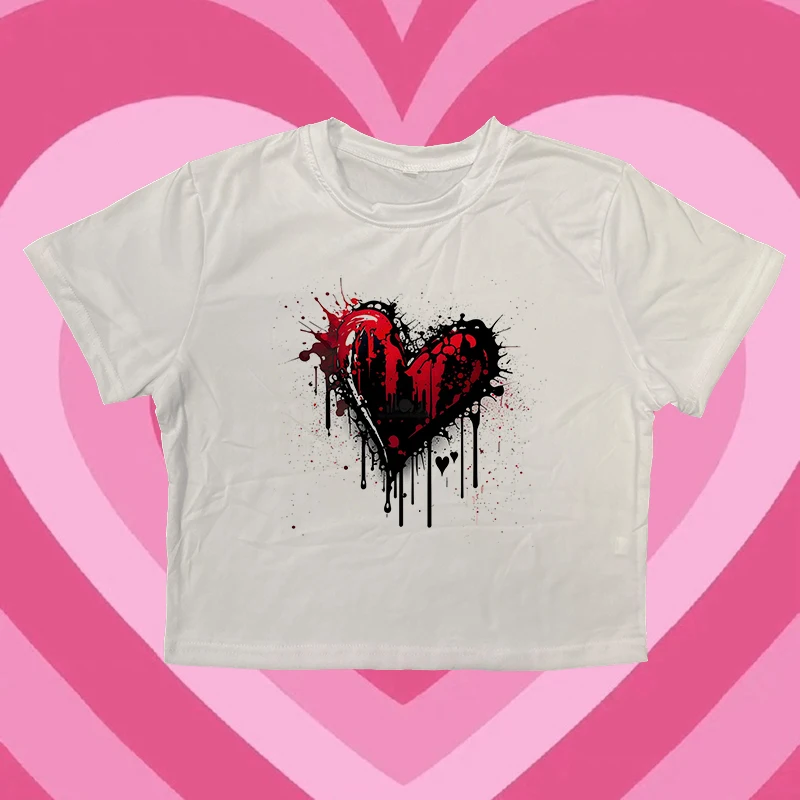 

Women Y2K Harajuku Goth Punk Slim Crop Top Fashion Casual Sexy Summer Tee Streetwear Creative Heart-shaped Pattern Print T-shirt