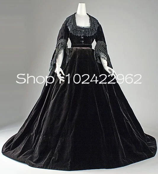 Black Velvet Historical Walk Ball Gown Prom Dresses Fiary Long Sleeve Lace Applique Square The Tudors Costume Evening Gown