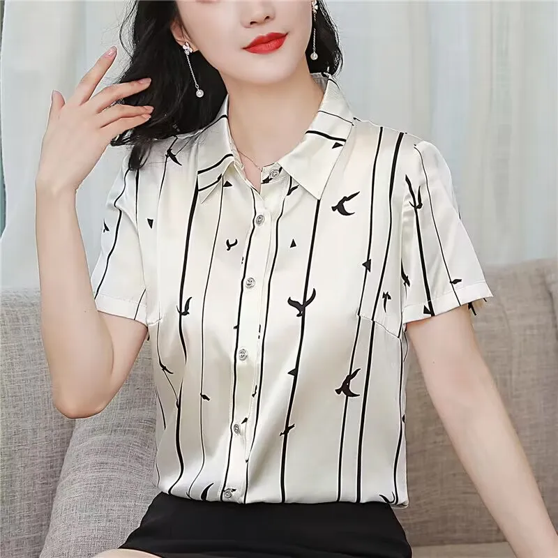 

Clothing Unique Mom Top Women Vintage Mulberry Silk Shirt Short Sleeve Printed Blouse