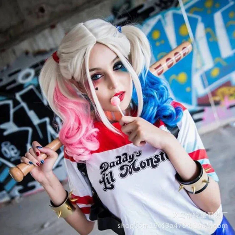 Cosplay Harley Quinn Double Ponytail Synthetic Long Curly Wig Cute Girl Heat Resistant Fiber Cosplay Clown Girl Wig Daily Party