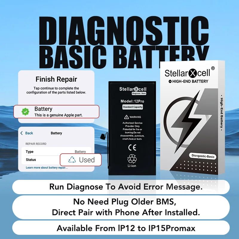 

Диагностический аккумулятор StellarXcell Basic: без ошибок, без сообщений об проблемах, 100% исправен для iPhone 12, 13, 14, 15 mini, Plus, Pro, Pro Max