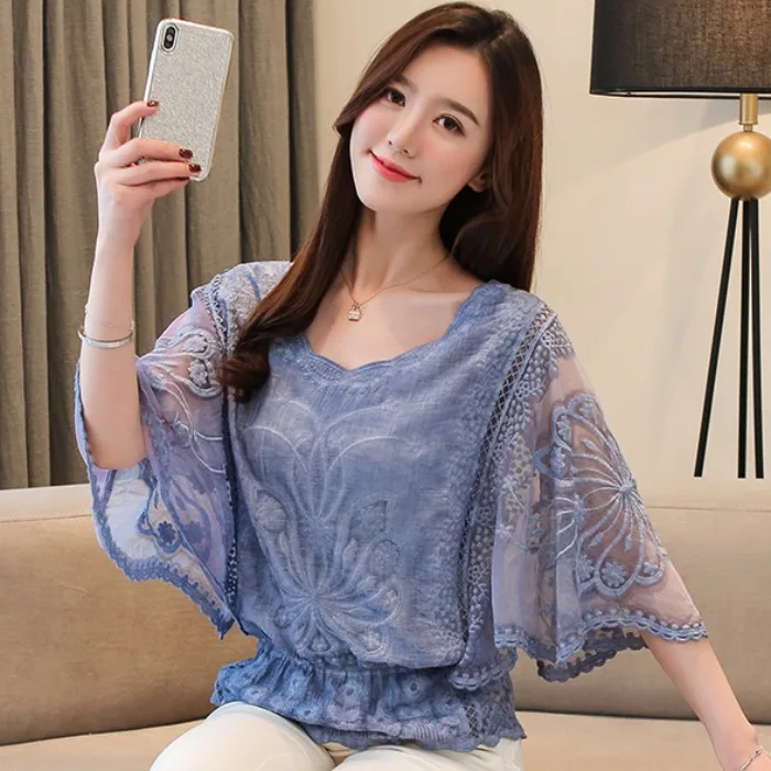 

Lace irt Women's Loose Fit Embroidered Floral Cotton Linen Material Slimming Waist Design Summer Faion Upperwear