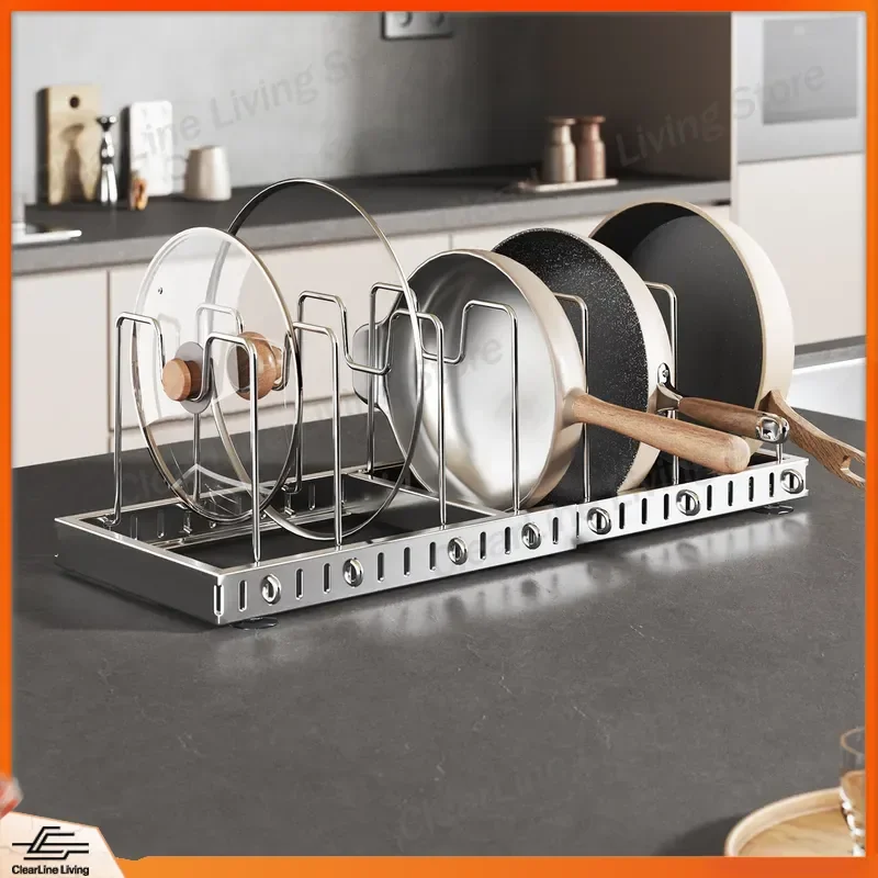 Stainless Steel Kitchen Pot Rack Adjustable Telescopic Storage Shelf for Pots Pans Plates Cookware Organizer Space Saving