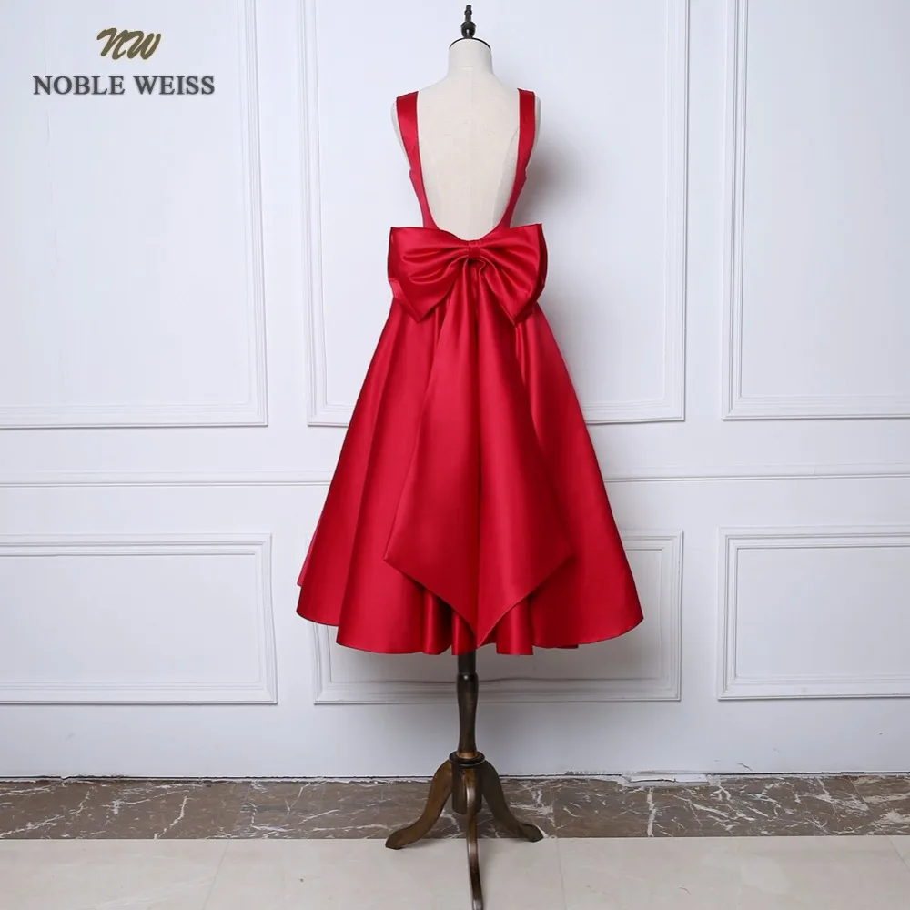 NOBLE WEISS Tea-Length New  A-Line Evening Dresses Square Collar Satin  Prom Party Gown With A Big Bow Customized