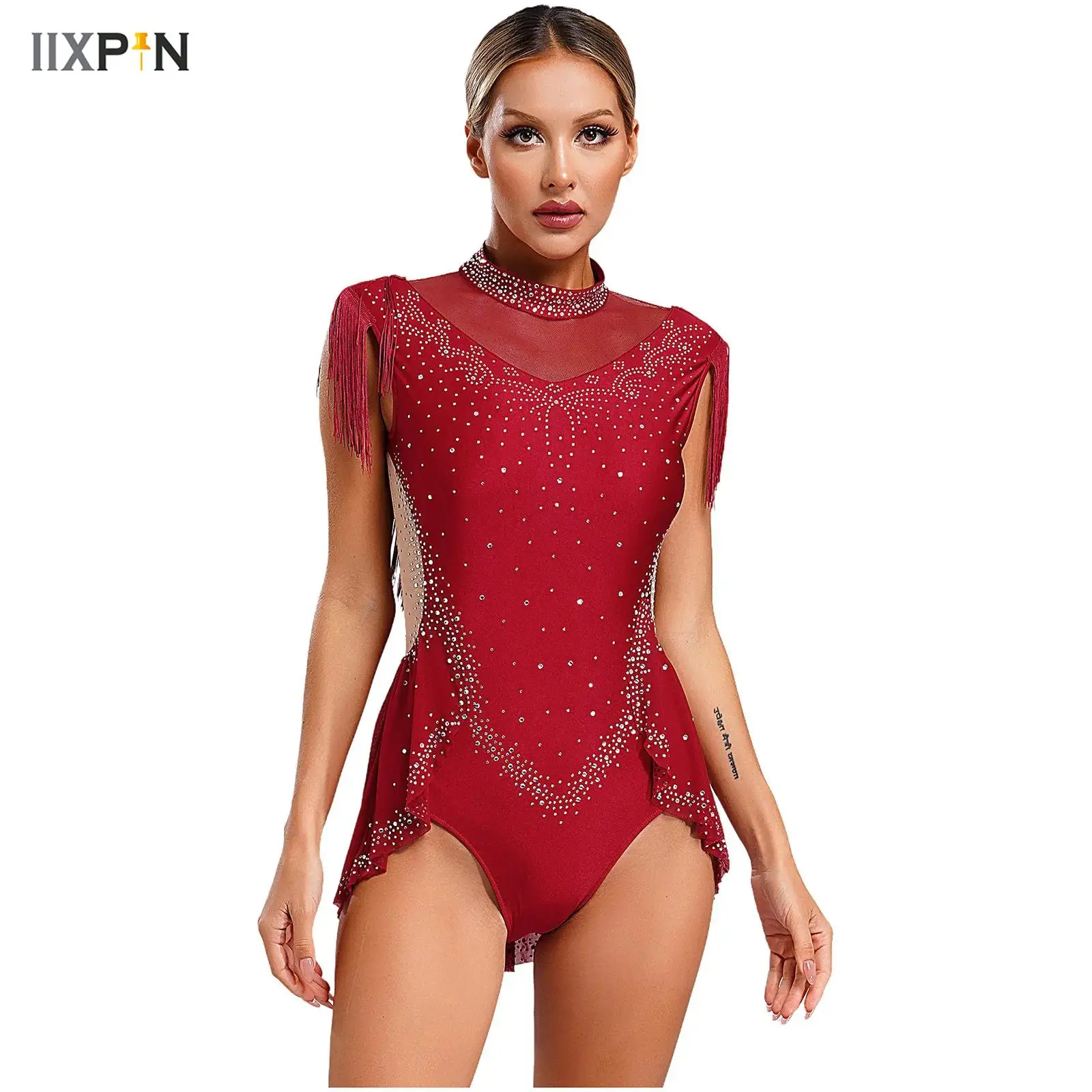 

Womens Latin Jazz Dance Leotard Mock Neck Sleeveless Sheer Mesh Patchwork Shiny Rhinestones Tassel Skirted Bodysuit Dancewear