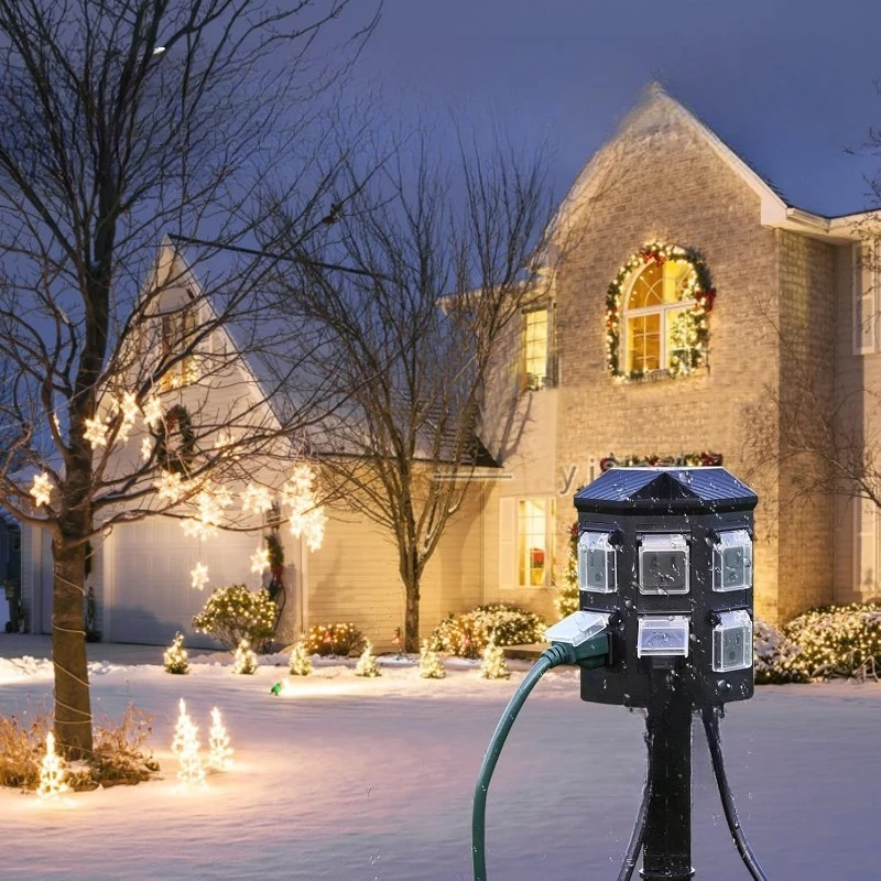 Outdoor Power Strip Weatherproof, 50 FT Extension Cord with Power Stake, 6 Grounded Outlets for Outdoor Lights