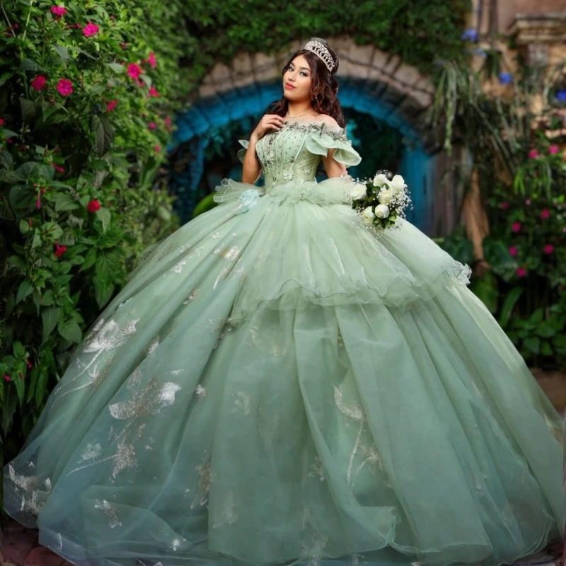 

Sage Green Shiny Quinceanera Dresses Off The Shoulder Sequin Applique Lace Beads Corset Tull Party Birthday Sweet 16 Dress