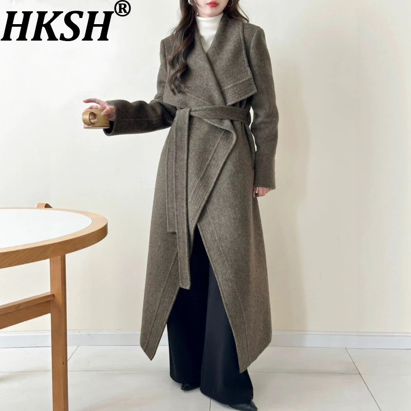 

HKSH 2023, осенне-зимнее новое женское длинное пальто с отложным воротником и мягким плечевым ремнем, элегантная двусторонняя шерстяная куртка HK15349