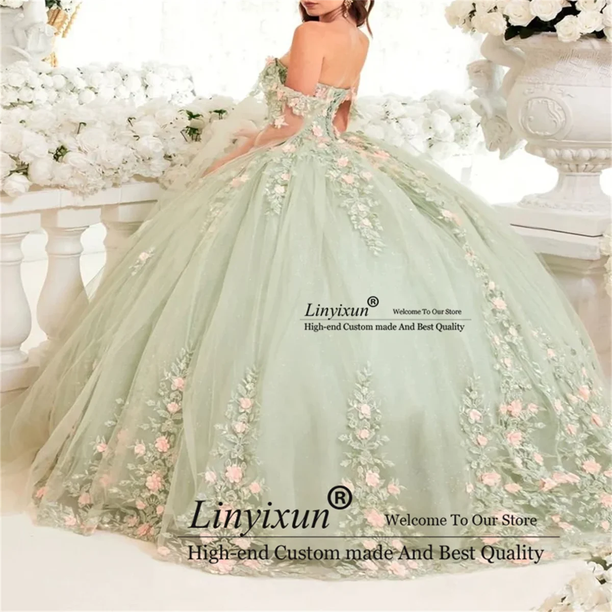 Sex Sweet Sage Green Quinceanera Dress Princess Ball Gown 3D Flowers Applique Lace 15 16 Dress vestidos Birthday Party Gown